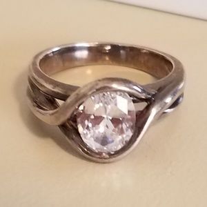 Sterling silver wire wrap ring with large oval CZ